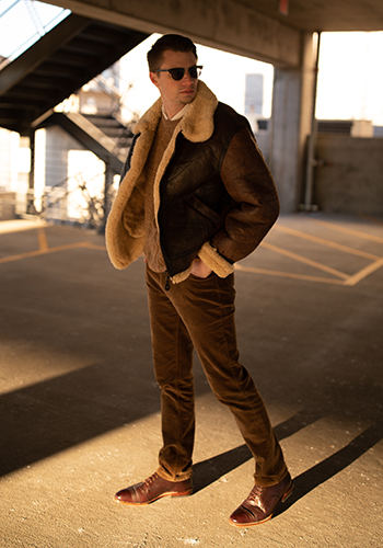 Image of social media influencer Matt Hartman wearing the 125th Double Cap Toe Boot in Chocolate in a parking garage.