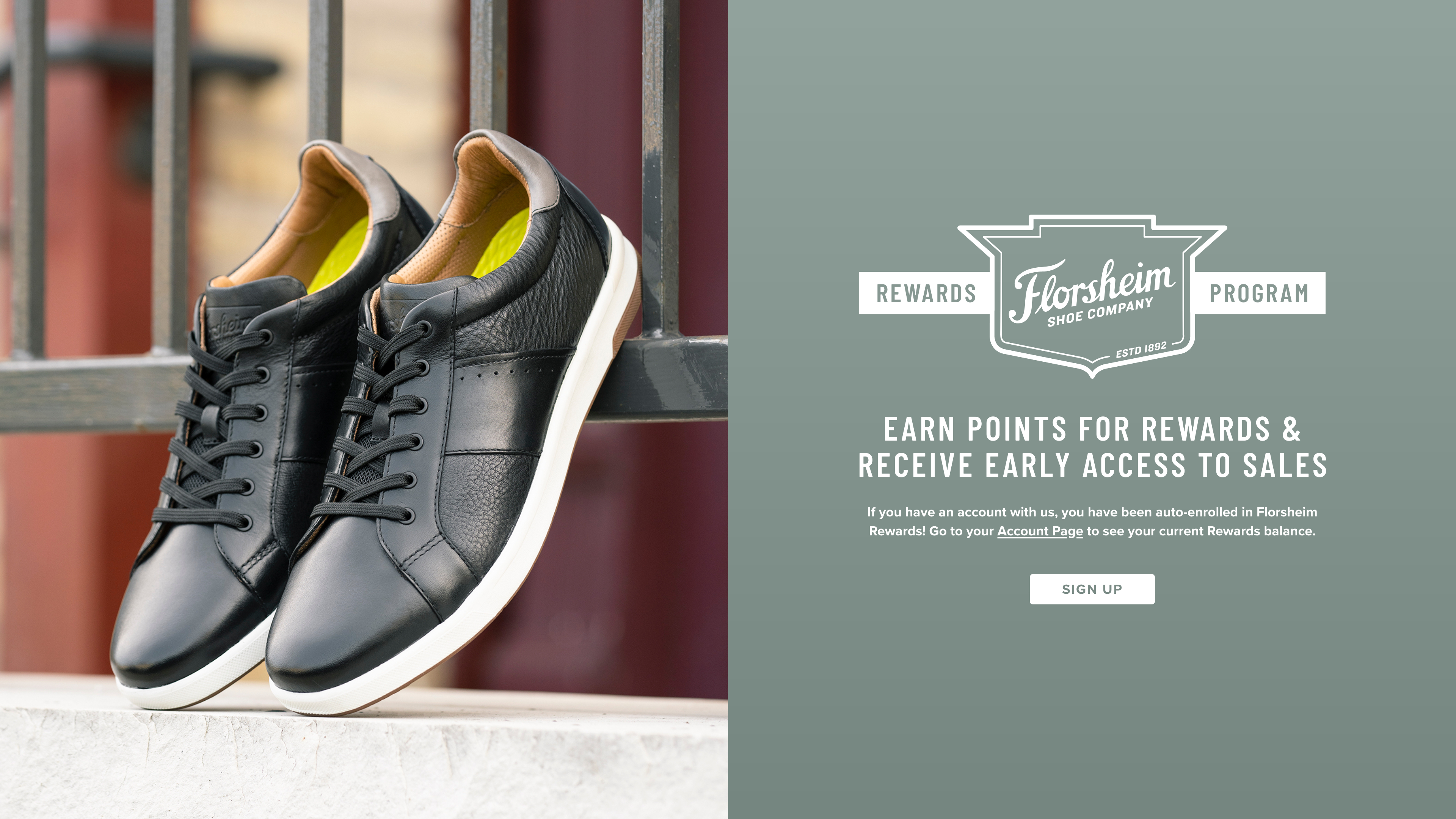 Click to sign up for Florsheim's rewards program. Earn points for rewards and receive early access to sales! Image features the Crossover sneaker in black leather. 