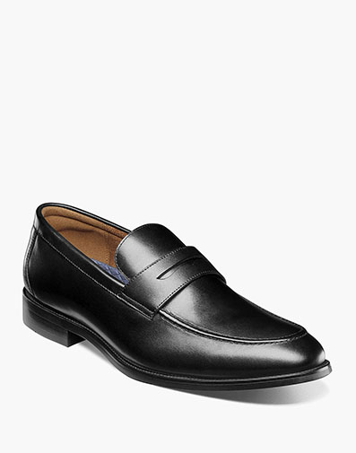 Rucci Moc Toe Penny Loafer in Black Smooth for $180.00 dollars.
