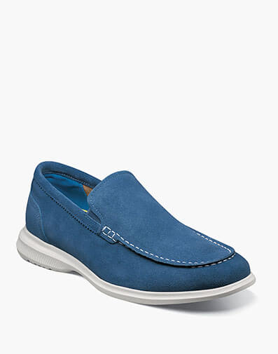 Hamptons Moc Toe Venetian Loafer in Blue Suede for $160.00 dollars.