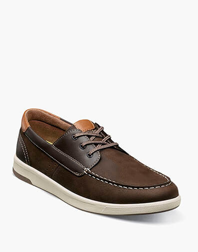 Crossover Elastic Lace Moc Toe Boat Shoe in Brown Nubuck for $170.00 dollars.