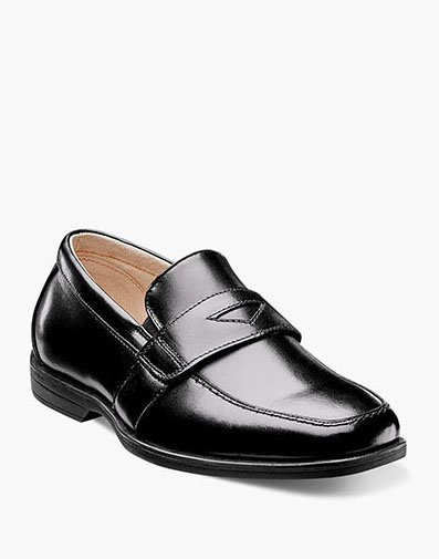 Reveal Jr. Boys Moc Toe Penny Loafer in Black for $75.00 dollars.