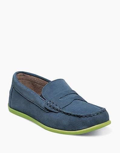 Jasper Jr. Boys Moc Toe Penny Driver in Blue Suede for $90.00 dollars.