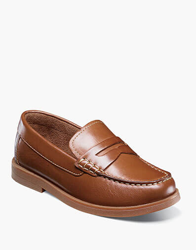 Croquet Jr. Boys Moc Toe Penny Loafer in Cognac for $90.00 dollars.