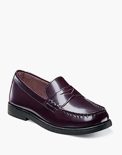 Croquet Jr. Boys Moc Toe Penny Loafer in Burgundy for $90.00 dollars.