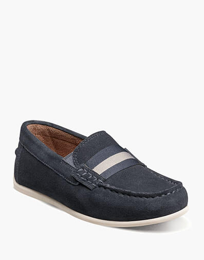 Jasper Jr. Boys Moc Toe Strap Loafer in navy suede for $90.00 dollars.