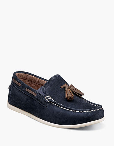 Jasper Jr. Boys Moc Toe Drop Tassel Loafer in navy suede for $90.00 dollars.